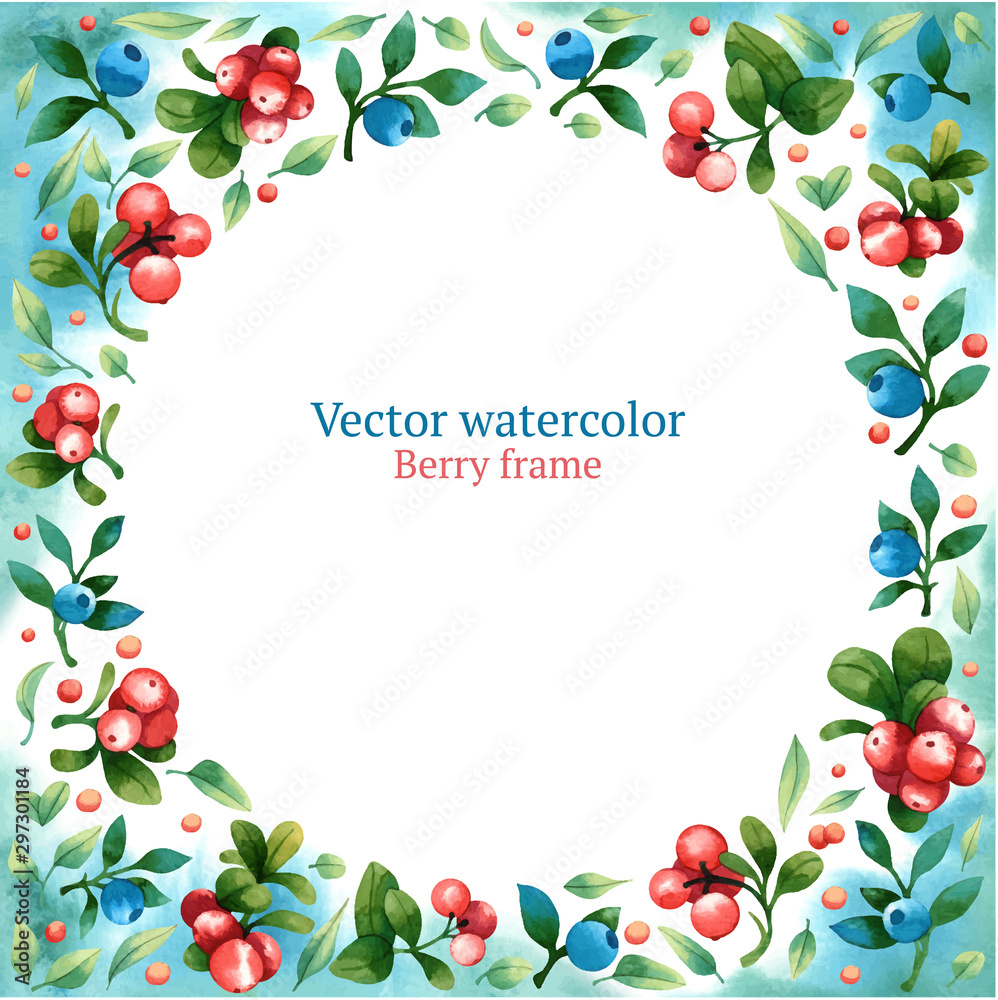 Watercolor vector frame with leaves and berries