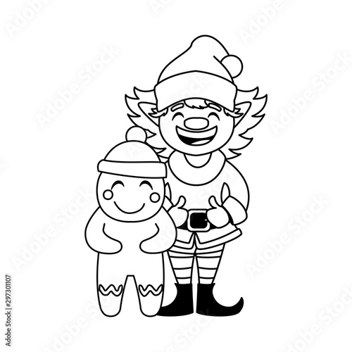 gingerbread man and elf with hat in white background