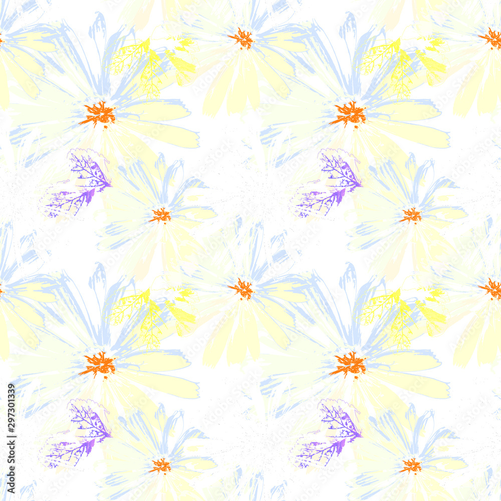Seamless floral retro pattern. Delicate pale peach with blue daisies with orange centers on a white background.