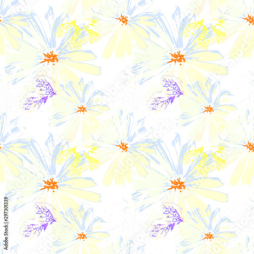 Seamless floral retro pattern. Delicate pale peach with blue daisies with orange centers on a white background.