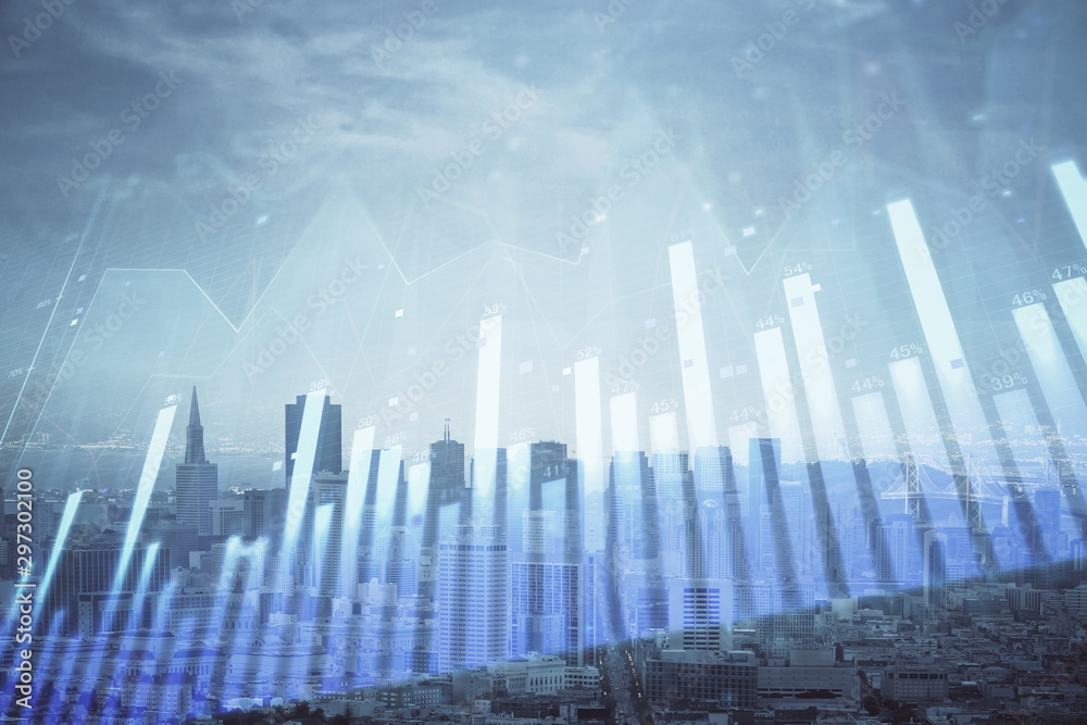 Forex graph on city view with skyscrapers background multi exposure. Financial analysis concept. Forex graph on city view with skyscrapers background multi exposure. Financial analysis concept.