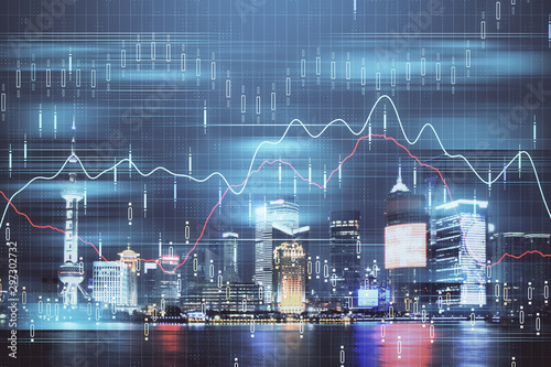 Photography Financial graph on night city scape with tall buildings background double exposure