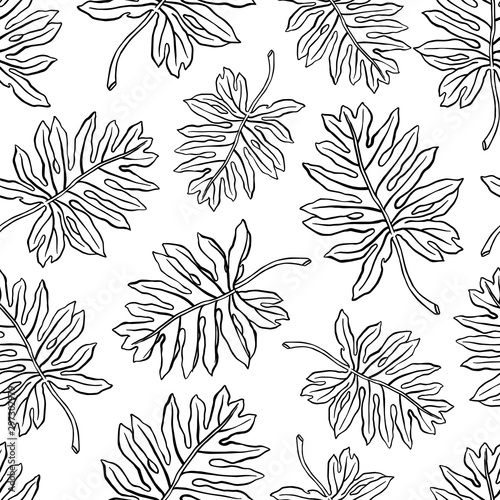Tropical leaves. Seamless black and white botanical ornament. Vector hand drawn illustration.