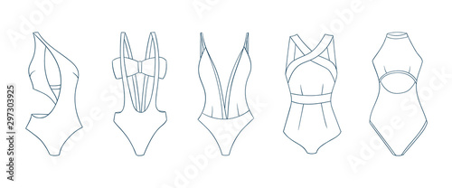 Swimming suits set. Doodle bikini. One piece swimsuits collection. Ladies clothes for summer vacation. Bikini sketch. Swimwear fashion.