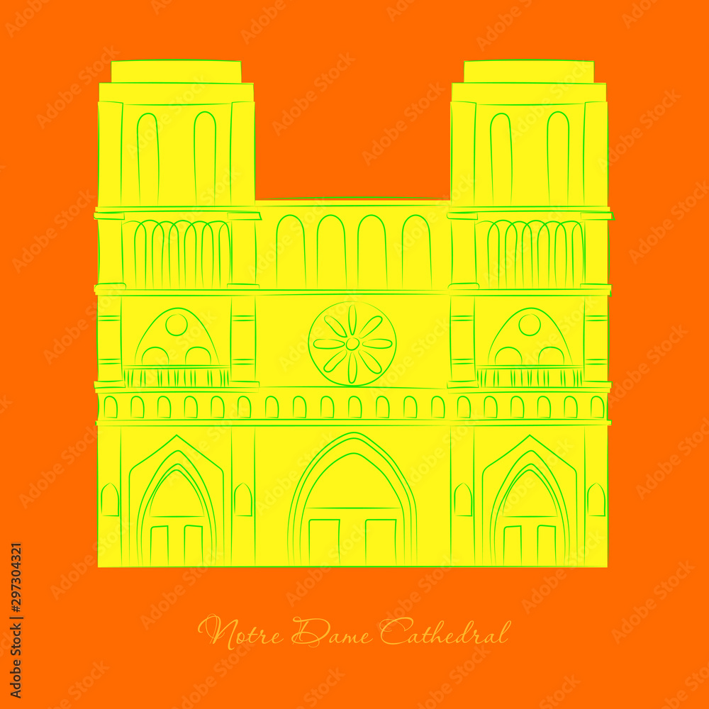 Naklejka premium Travel vector banner or logo. The famous Cathedral of Notre Dame de Paris, France. French landmark. The Catholic Church in the center of Paris, a masterpiece of Gothic architecture