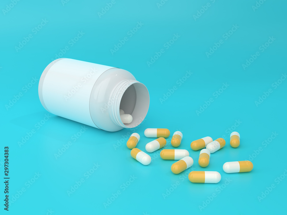 Medicine capsules and white plastic bottle. Supplement container and pills.