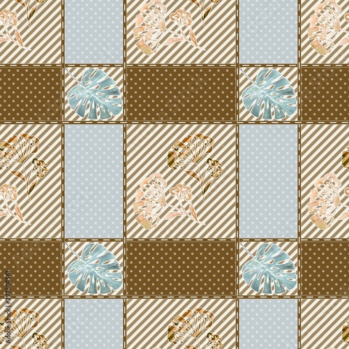 Seamless geometric pattern. A polka dot and striped cage and rectangles decorated with leaves and leaves. Tablecloth.