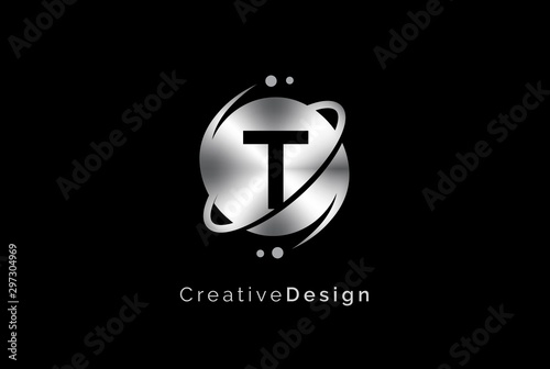 Minimalist initial logo with planet orbit with metal effect logo template