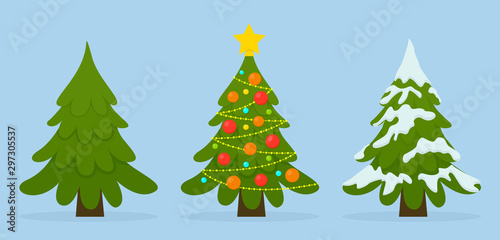 Vector set of Christmas trees in different situations. Colorful balls, garland lights, snow.