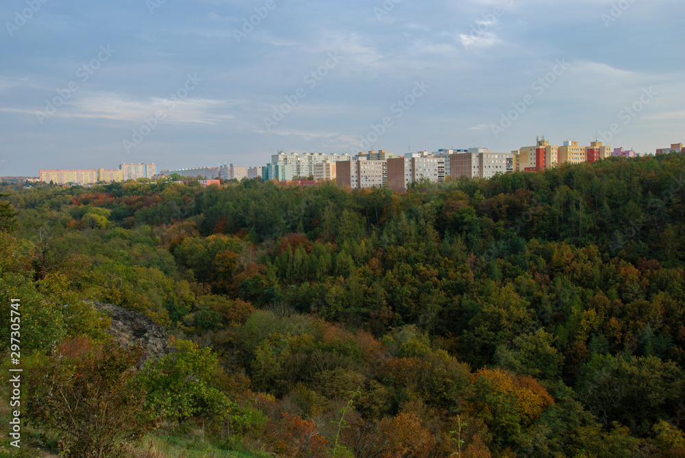 View of Bohnice valley with prefabs in the background 