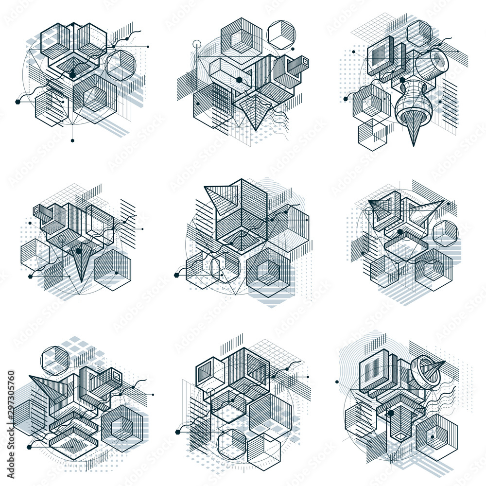 Vector backgrounds with abstract isometric lines and figures. Templates ...