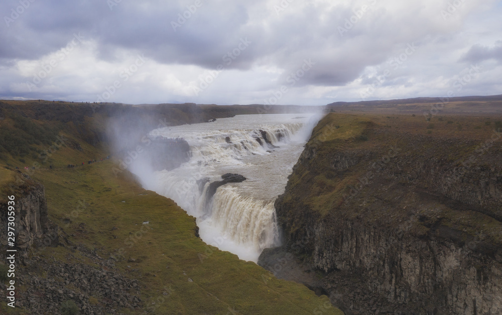 Gullfoss. Waterfall located in the canyon of Hvita river in southwest Iceland. September 2019, aerial drone shot