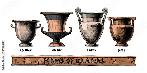 Forms of kraters. Greek vessel shapes.