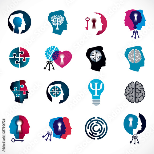 Psychology, human brain, psychoanalysis and psychotherapy, relationship and gender problems, personality and individuality, cerebral neurology, mental health. Vector icons or logos set.
