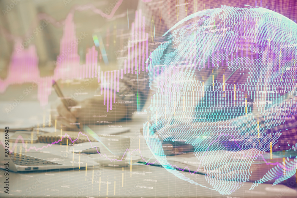 Multi exposure of forex chart with man working on computer on background. Concept of market analysis. Multi exposure of forex chart with man working on computer on background. Concept of market analysis.