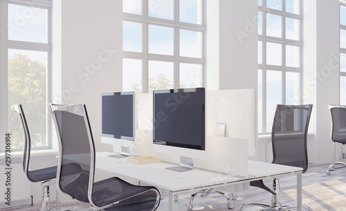 3D rendering  working space. light furniture. large monitors. open space. modern office
