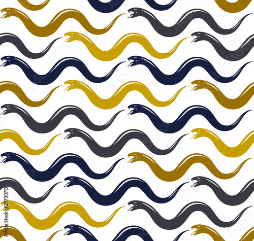 Repeat snakes seamless vector pattern, tiling endless background with venom reptiles in vintage style, subculture rock n roll and hard rock theme.