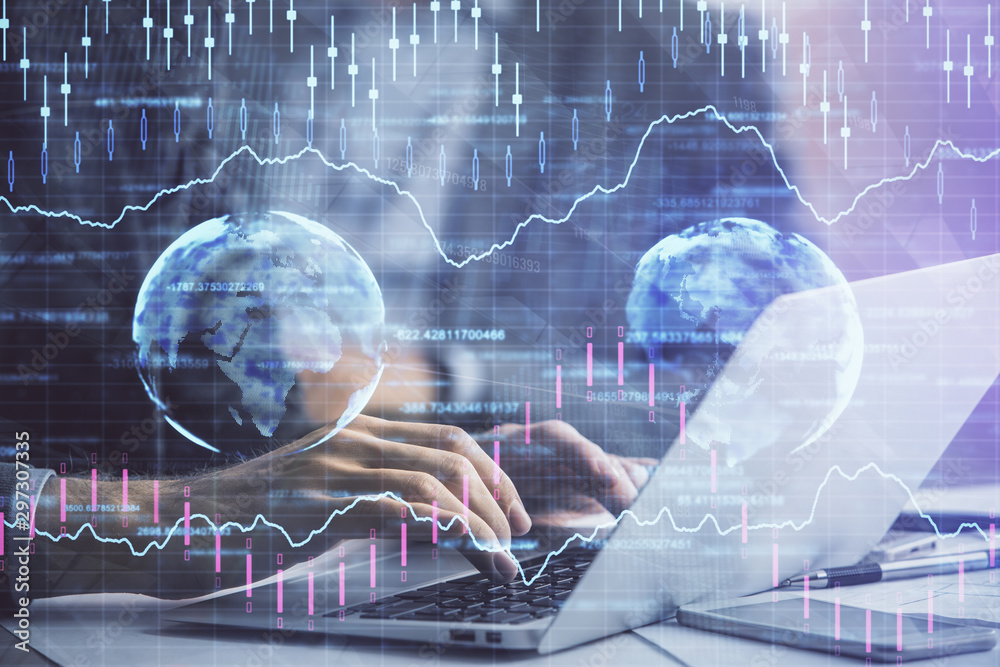 Double exposure of market chart with man working on computer on background. Concept of financial analysis. Double exposure of market chart with man working on computer on background. Concept of financial analysis.