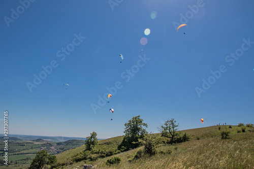 Paragliders above south moravia, Pálava, czech republic