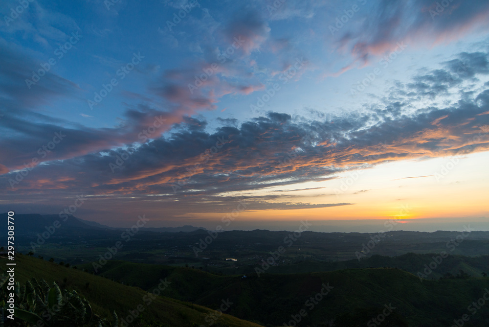 Fototapeta premium Amazing Dawn, Morning sunrise viewed from the hill, Beautiful landscape.