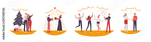 Christmas set. People take selfie with Christmas tree. Collection of Happy workers jollify together at corporate party. Company celebrates new year. Holiday vector illustration isolated on white