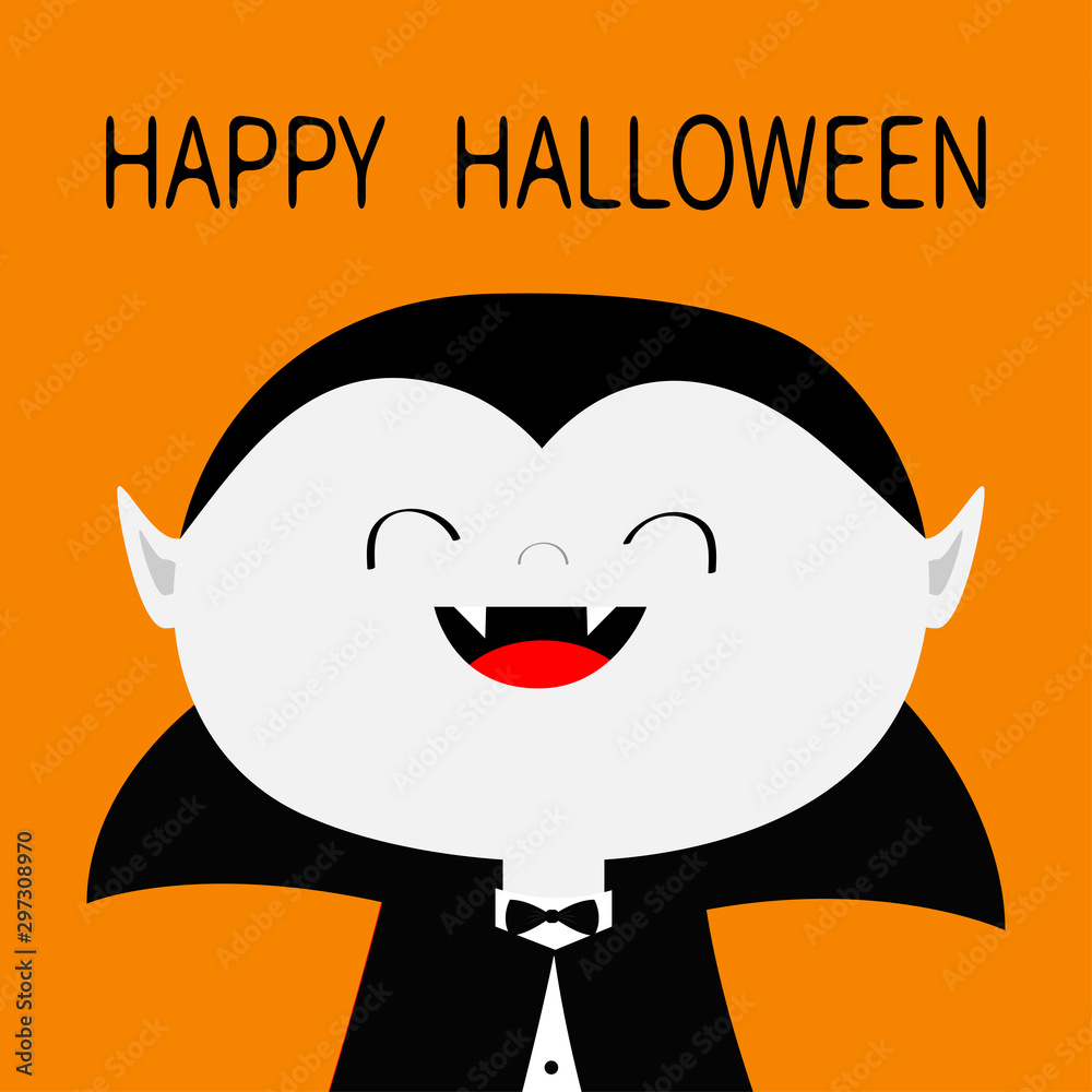 Happy Halloween. Count Dracula white head face costume. Cute cartoon kawaii  smiling vampire character with fangs. Big mouth, tongue. Baby greeting  card. Flat design. Orange background. Isolated. Stock Vector | Adobe Stock