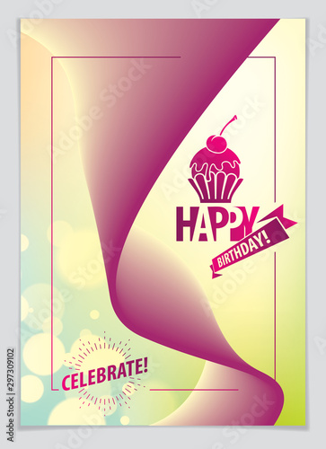 Birthday vector greeting card. Includes lettering composition and balloons combined with wavy fluid colorful shape abstract background. A4 format with CMYK colors acceptable for print.