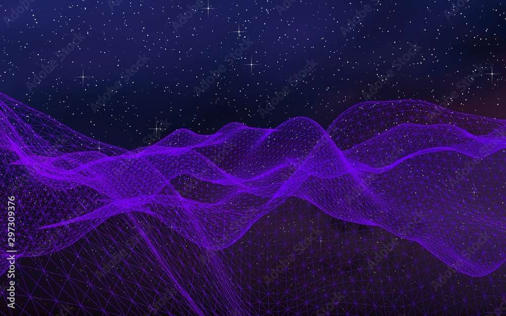 Abstract ultraviolet landscape on a dark background. Purple cyberspace grid. hi tech network. Outer space. Violet starry outer space texture. 3D illustration