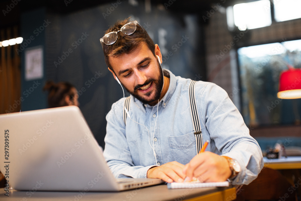 Man have business meeting via video call in a cafe