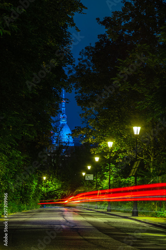 A way to the most famous monument of Turin, Mole Antonelliana, in long exposure at night.