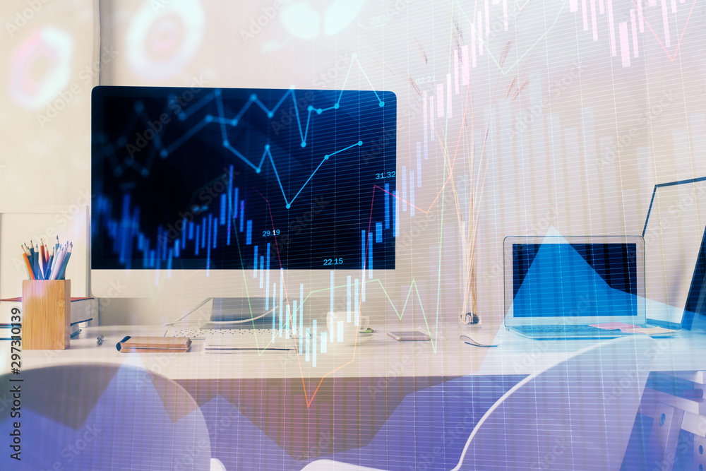Forex market graph hologram and personal computer on background. Double exposure. Concept of investment. Forex market graph hologram and personal computer on background. Double exposure. Concept of investment.