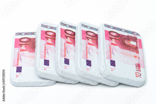 Chocolate banknote of 10 euros, money, candy, sweets, Sinterklaas, typical Dutch, isolated background