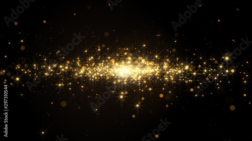 Abstract background with golden light bokeh particles in motion.