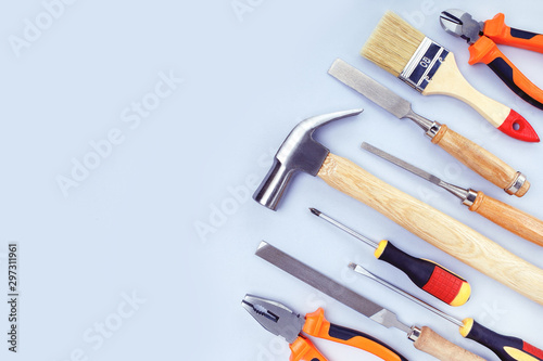 Maintenance and reparing concept. Set Of Different Tools with Copy Space. photo
