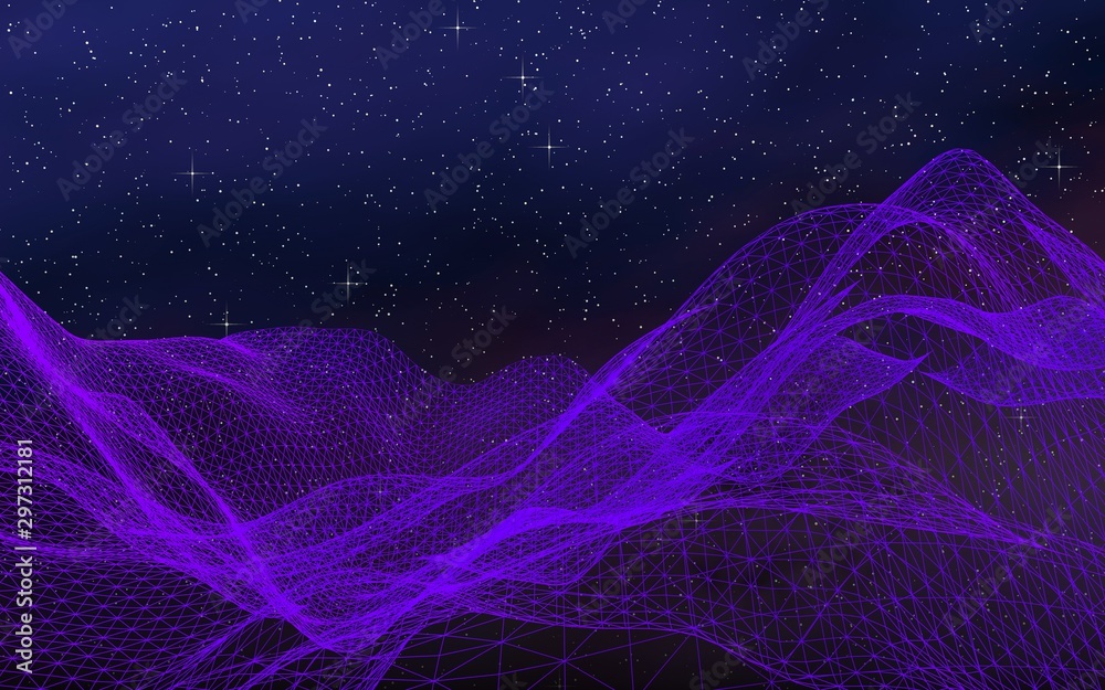 Abstract ultraviolet landscape on a dark background. Purple cyberspace grid. hi tech network. Outer space. Violet starry outer space texture. 3D illustration Abstract ultraviolet landscape on a dark background. Purple cyberspace grid. hi tech network. Outer space. Violet starry outer space texture. 3D illustration