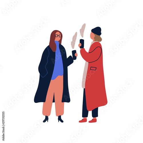 Women drinking hot beverage flat vector illustration. Friends meeting, communicating with coffee cups. Girls having conversation, dialog. Two girlfriends in warm clothing talking cartoon characters.