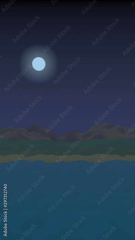 Starry moonless sky. Ocean shore line with waves on a beach. Island beach paradise with waves. Vacation, summer, relaxation. Seascape, seashore. Minimalist landscape, primitivism. 3D illustration Starry moonless sky. Ocean shore line with waves on a beach. Island beach paradise with waves. Vacation, summer, relaxation. Seascape, seashore. Minimalist landscape, primitivism. 3D illustration