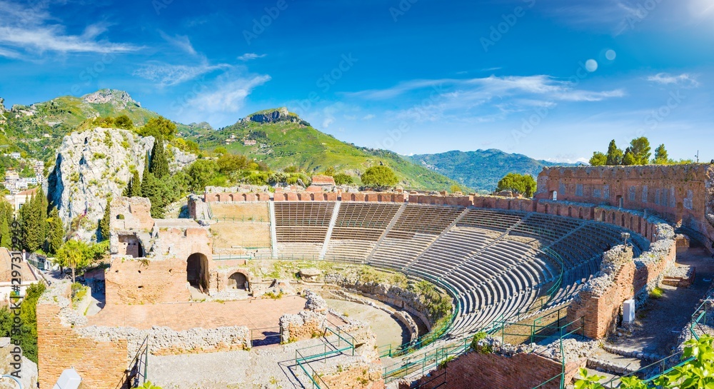 Ruins of Ancient Greek theatre in Taormina, Sicily, Italy.