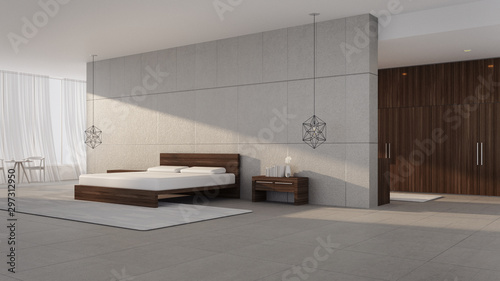 Modern bedroom with bright morning sun   3D rendering interior