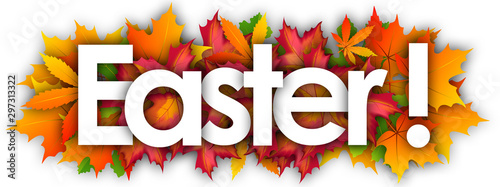 easter word and autumn leaves background photo