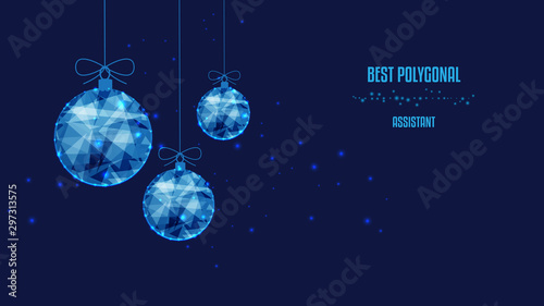 New Year polygonal balls. Background of beautiful dark blue night sky. Low poly.