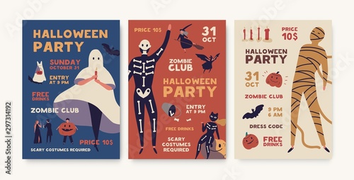 Halloween party poster templates pack. Holiday entertainment event, masquerade creepy invitation. Helloween advertising brochure, flyer, design layout. Spooky mummy, skeleton costumes illustration.