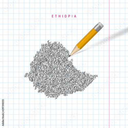 Ethiopia sketch scribble vector map drawn on checkered school notebook paper background