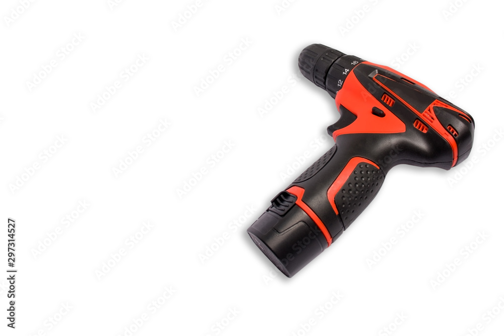 Red and black electric screwdriver isolated on a white background. Closeup 