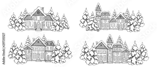 Christmas Greeting card. Illustration of houses. Set of hand drawn buildings. 