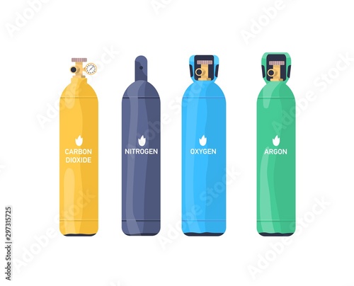 Gas tanks flat vector illustrations set. Nitrogen, oxygen, argon industrial cylinders colorful collection. Compressed gas storage balloons with valve and pressure gauge isolated on white pack.