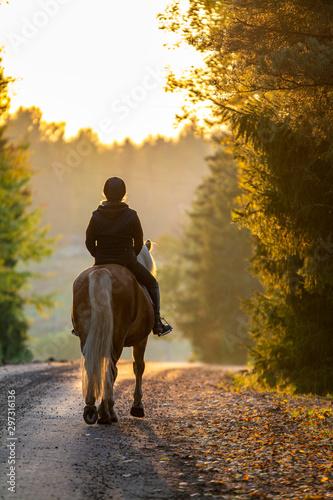 Woman horseback riding on country road © citikka