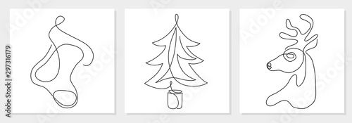 One line drawing Christmas tree, reindeer head, stocking. Modern continuous line art, aesthetic contour. Collection of xmas symbols for greeting card, prints, poster, sticker, banner, invites. Vector 