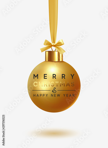 Merry Christmas and Happy New Year. Xmas Background with gold ball bauble hanging on realistic golden ribbon with bow. Greeting card, banner, poster. vector illustration