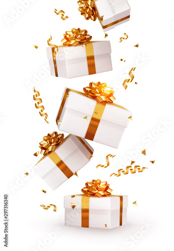 Realistic white gift boxes. Falling shiny golden confetti isolated on white background. Bright festive tinsel of gold color. Xmas present